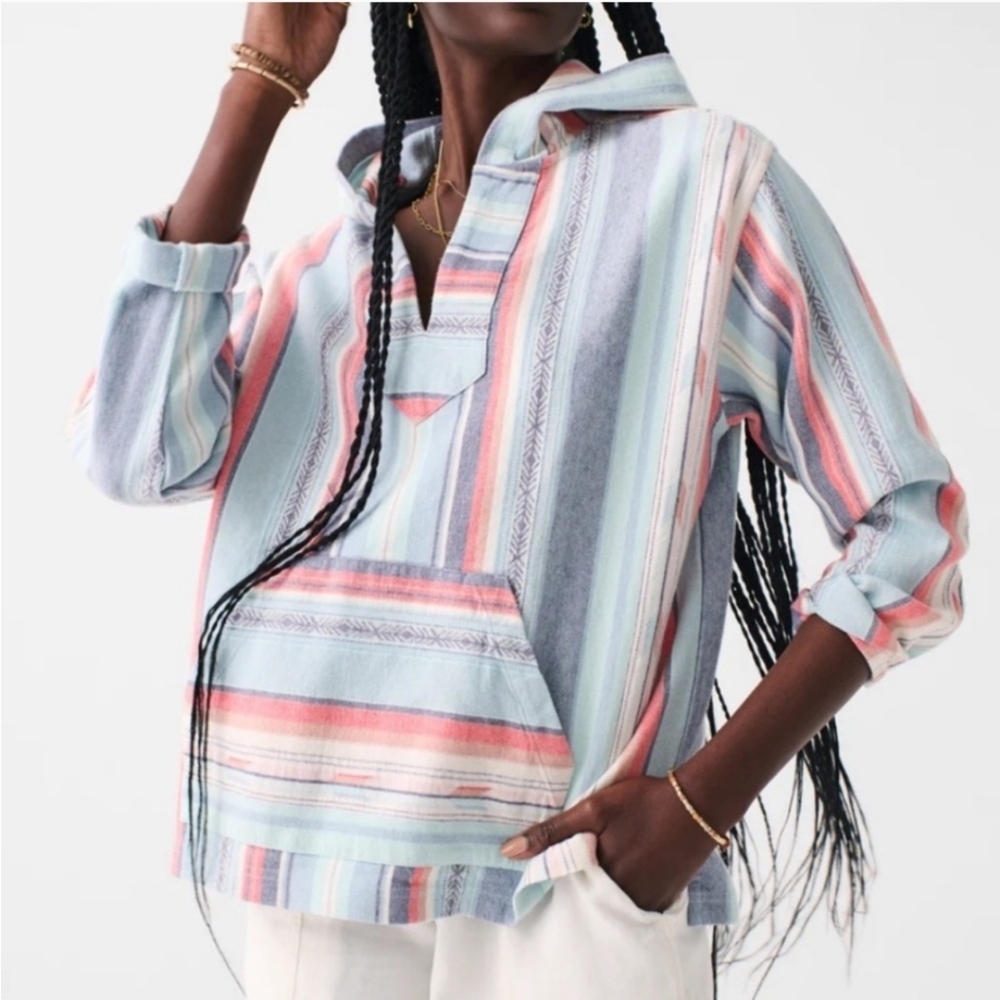Womens Faherty Baja Organic Cotton Striped Pullover Hoodie Size Medium